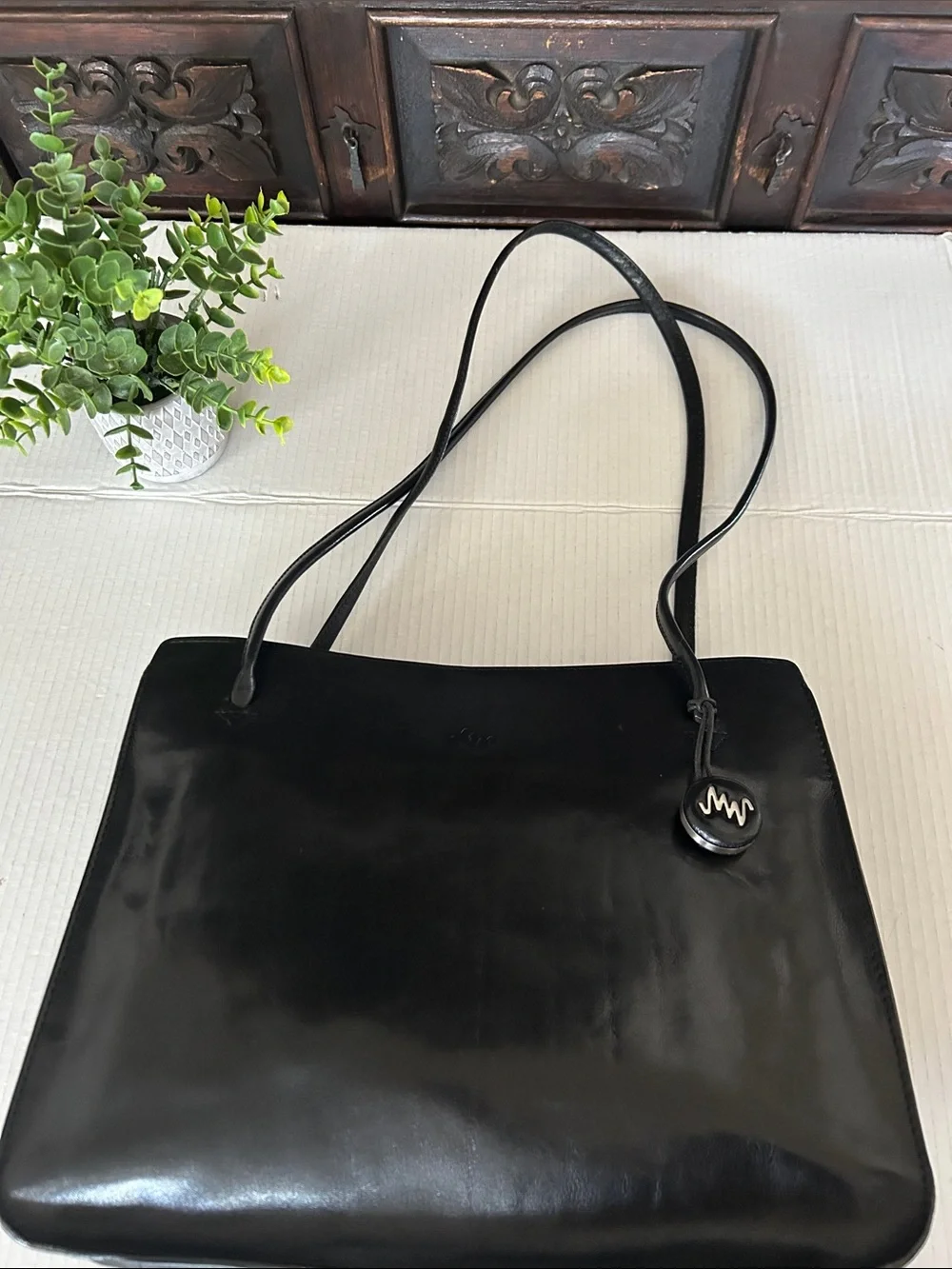 Monsac Black Leather Shoulder Tote with Logo Charm